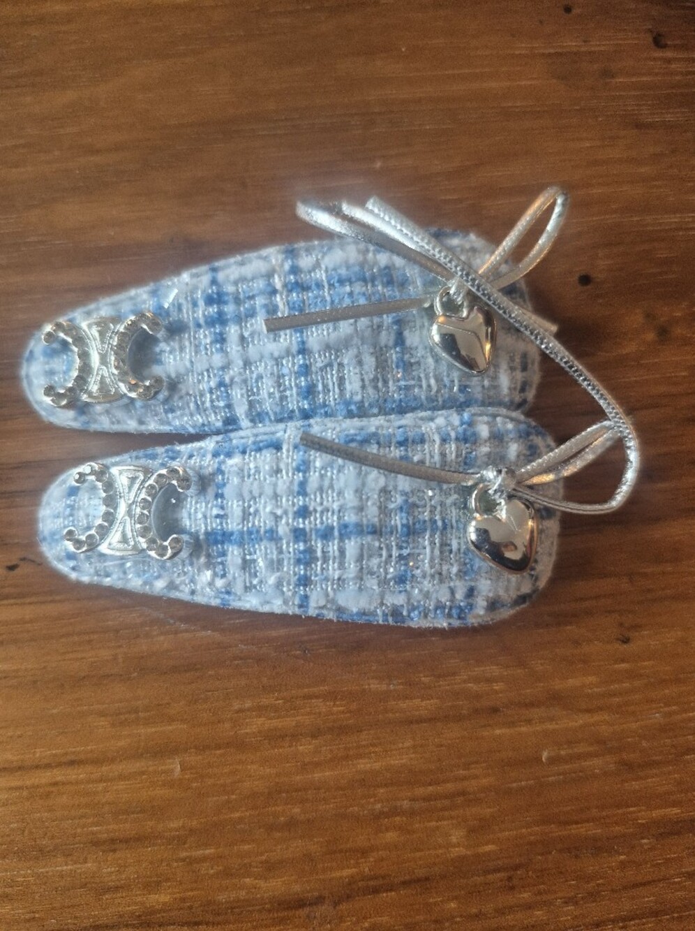 Girls Blue Tweed Ballet Flats with Silver Heart Charm